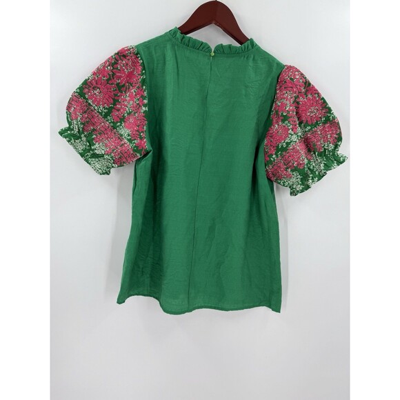 THML Embroidered Puff Sleeve Top Ruffle Neck Button Back Green Pink SMALL EUC - Picture 8 of 13
